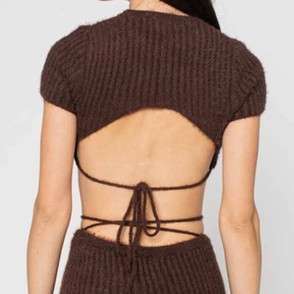 Carli Bybel X Missguided NWT Chocolate fluffy knit backless Tie Top Size 6 - Picture 2 of 9